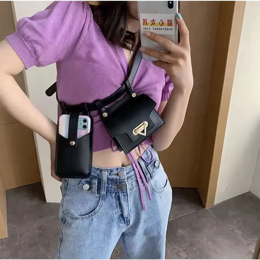 2 Pcs Women Waist Bags PU Leather Belt Bag Chest Crossbody Purse Set